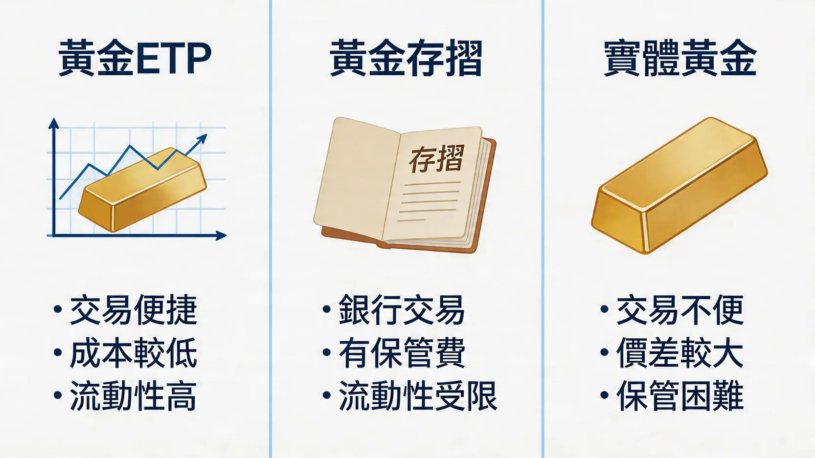 黃金ETF投資指南:GLD/IAU/2840點揀?手續費、優缺點及買賣教學 3 黃金ETF,黃金ETF是什麼,黃金ETF怎麼買,美股黃金ETF,GLD,IAU,2840 黃金ETF、黃金存摺與實體黃金三種投資方式在交易便利性、成本和流動性上的對比圖。