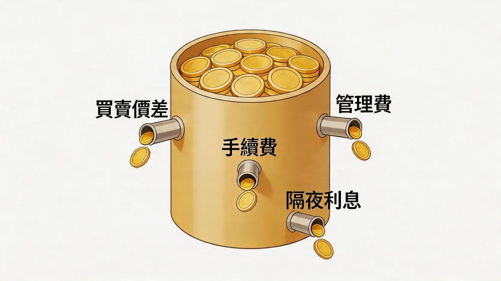 黃金存摺點揀好?5大黃金投資方法比較:ETF、實金優缺點全攻略 4 黃金存摺,黃金走勢,黃金投資方法比較,買黃金哪個好,黃金ETF,今日金價 一張概念圖,展示了買賣價差、手續費、管理費等隱藏成本如何侵蝕黃金投資的回報。