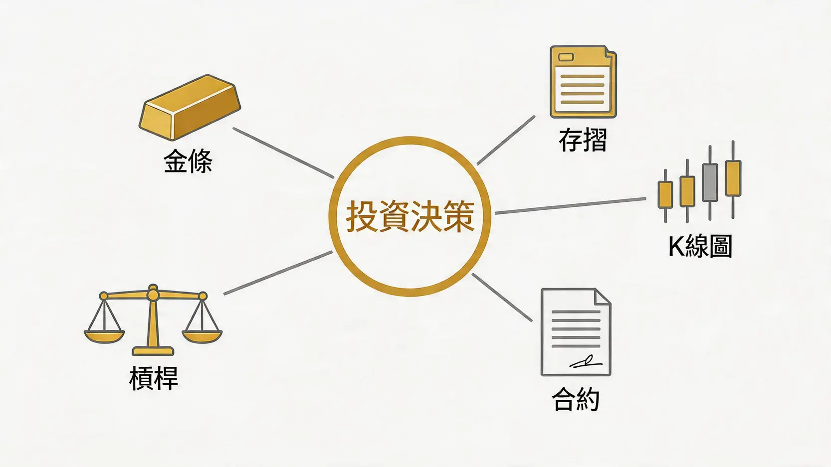 黃金存摺點揀好?5大黃金投資方法比較:ETF、實金優缺點全攻略 2 黃金存摺,黃金走勢,黃金投資方法比較,買黃金哪個好,黃金ETF,今日金價 五種主流黃金投資管道的路徑圖,包括實體黃金、黃金存摺、黃金ETF、黃金期貨和差價合約。