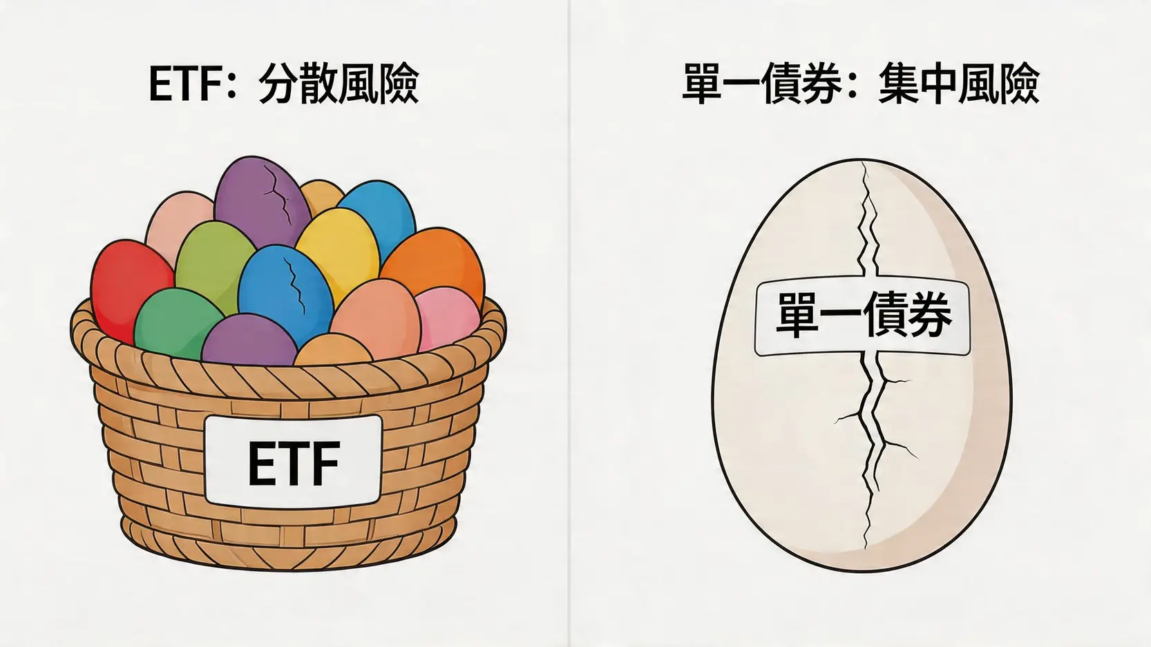 風險比較:ETF vs 債券全方位對決!7大差異拆解資產配置 2 風險比較,ETF風險等級,債券風險,資產配置分散風險,股債平衡策略,股票和債券的風險 ETF與單一債券的分散性風險對比圖,展示ETF如何將風險分散到一籃子資產中,而單一債券的風險則集中於單一發行方。