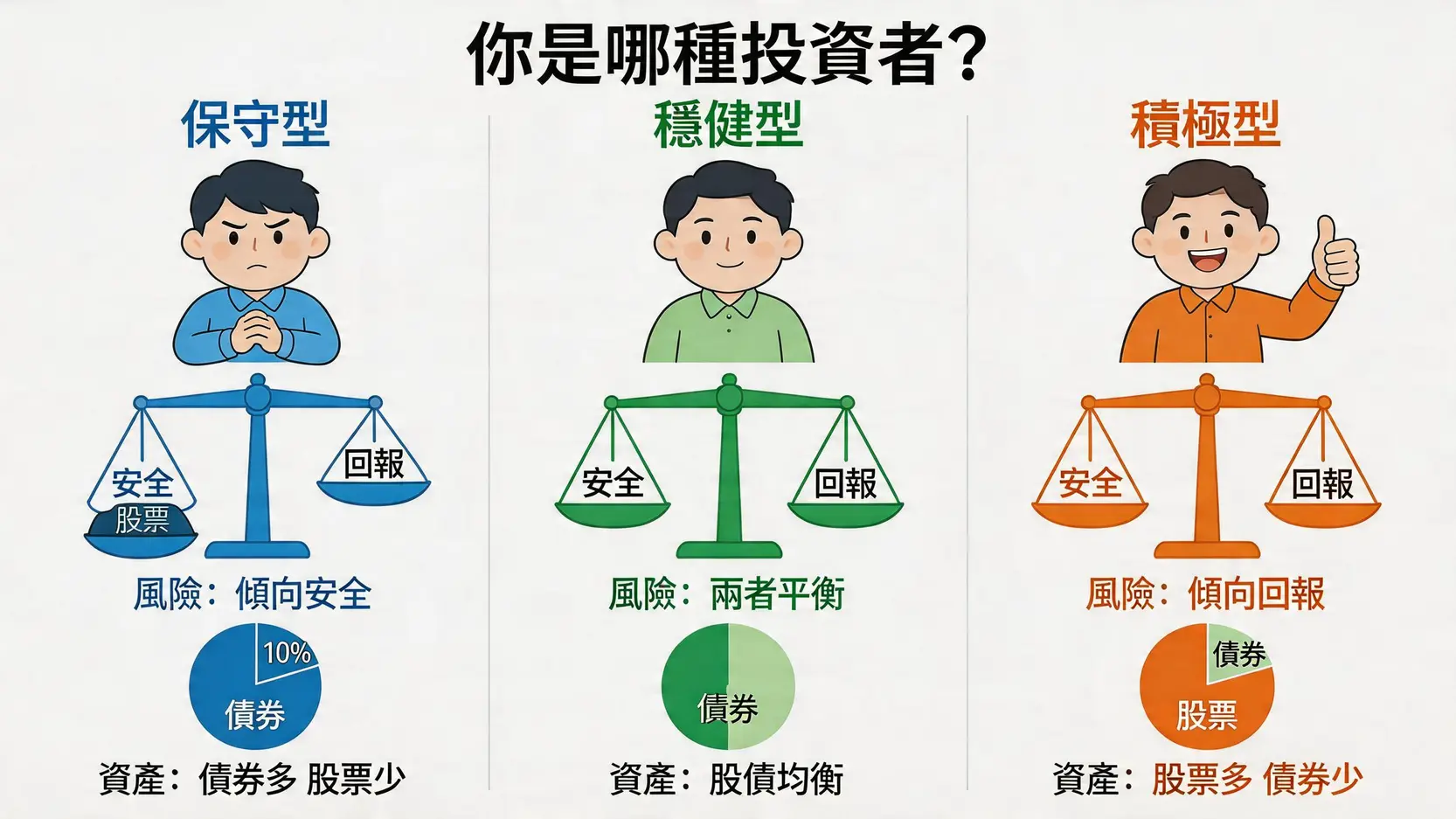 ETF資產配置實戰:3步降低投資風險,打造抗跌全球投資組合 2 投資風險,ETF風險,ETF資產配置教學,股債配置ETF推薦,全球分散投資ETF 三種投資者類型(保守型、穩健型、積極型)的特徵對比圖,包含風險偏好和資產配置比例。