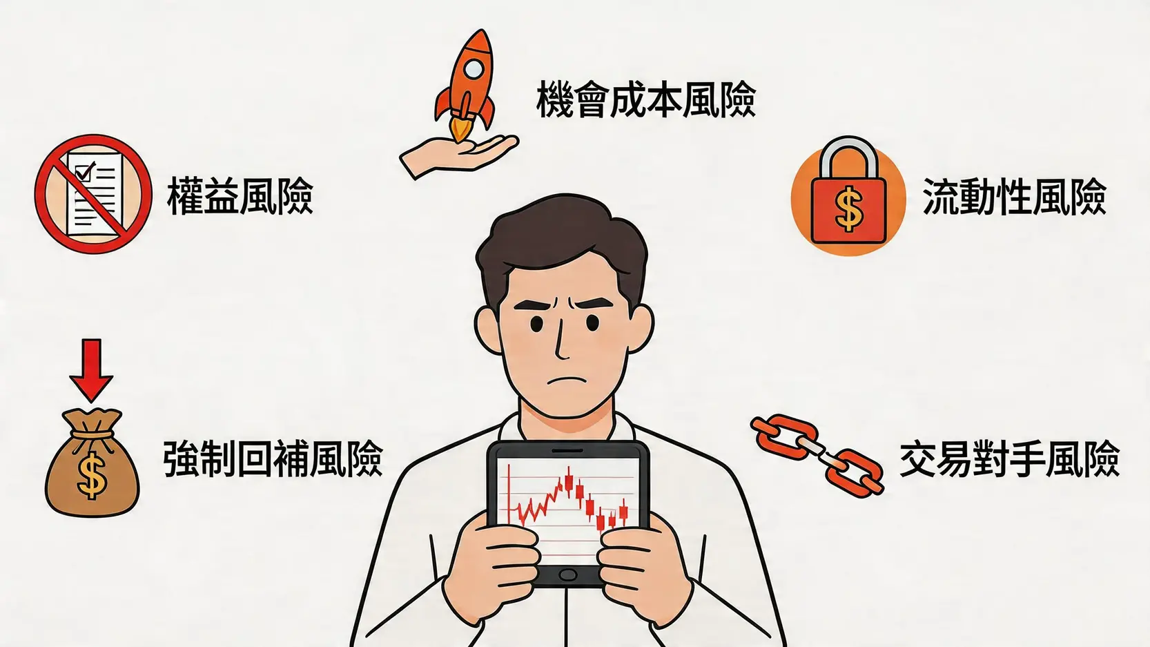 借券風險全解析:股票出借前必讀!看懂五大風險與自保策略 3 借券風險,股票出借風險,借券利息,借券優缺點,借券強制回補,股票被動收入 一位投資者被五個代表股票出借風險的圖標包圍,包括權益、流動性、強制回補、交易對手和機會成本風險。