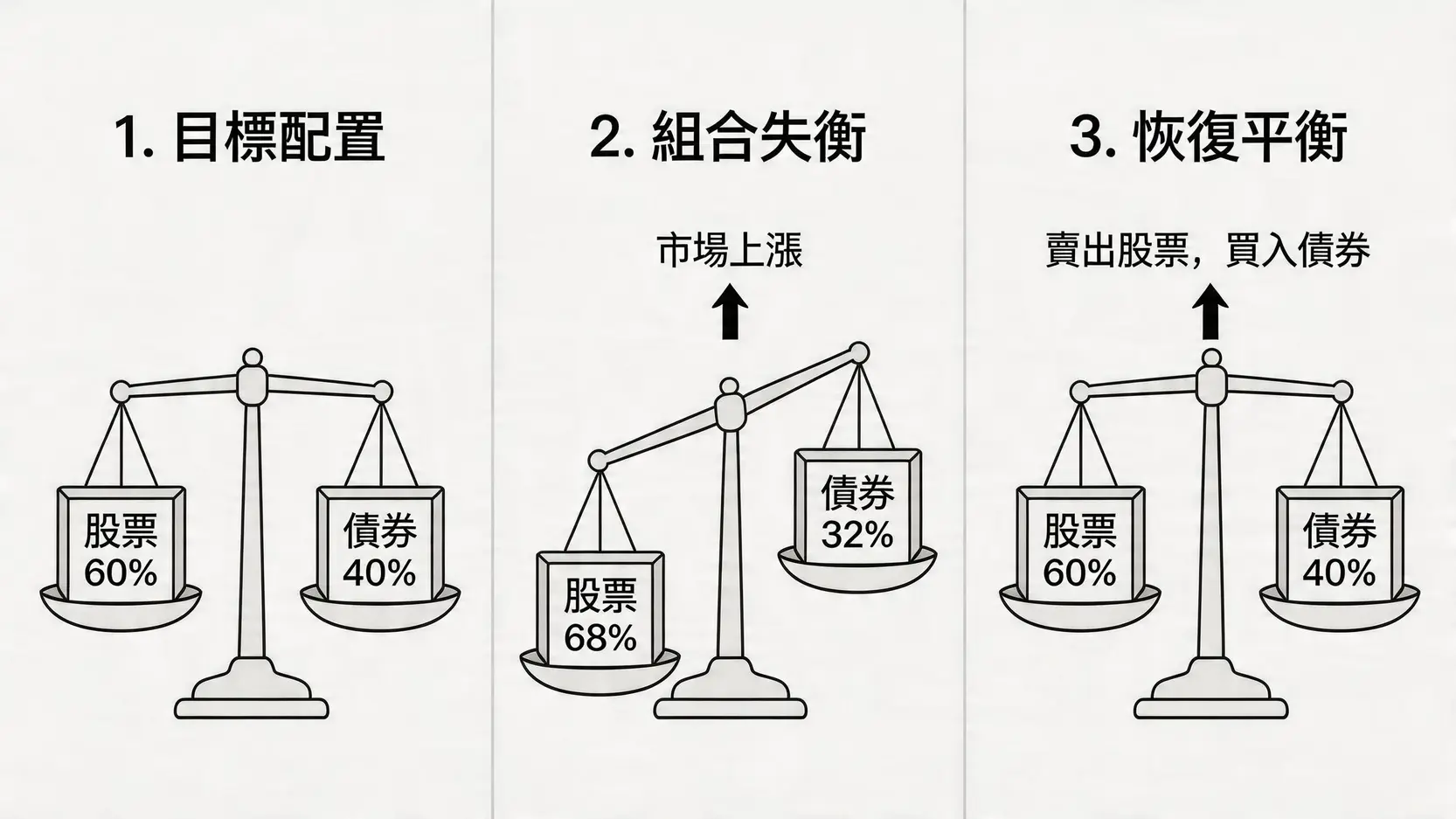 如何降低投資風險?2026必學5大黃金法則,打造你的資產保命符 4 如何降低投資風險,資產配置策略,分散投資,投資風險類型,長期投資,ETF風險 投資組合再平衡的三個步驟示意圖,從目標配置到市場變動導致失衡,再到賣高買低恢復平衡的過程。