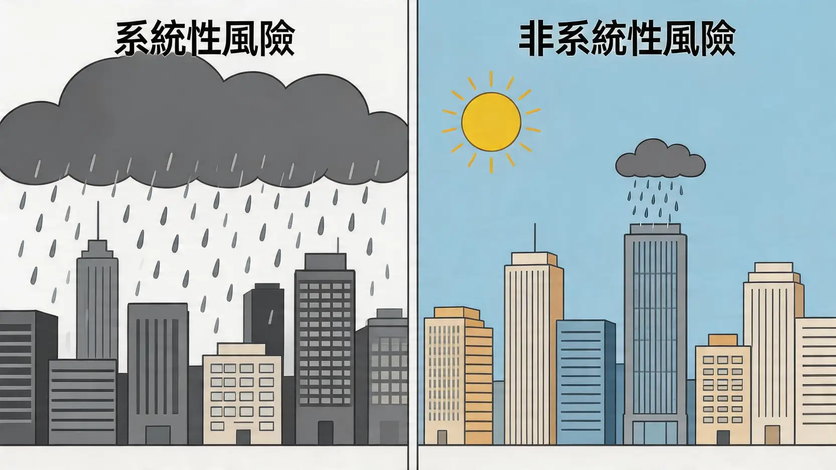 如何降低投資風險?2026必學5大黃金法則,打造你的資產保命符 2 如何降低投資風險,資產配置策略,分散投資,投資風險類型,長期投資,ETF風險 系統性風險與非系統性風險的對比圖,展示了市場風險影響所有公司而個股風險僅影響單一公司。