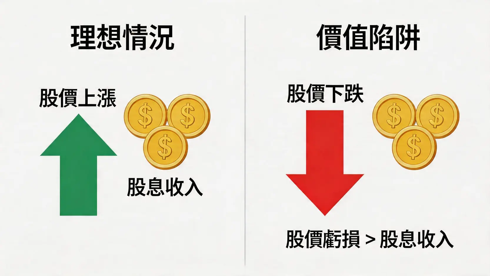 ETF風險完整指南【新手必讀】投資前必知的7大隱藏風險與應對策略 4 ETF風險,ETF投資,追蹤誤差,市場風險,如何降低投資風險,高股息ETF風險 高股息ETF的價值陷阱圖解,對比了賺取股息且股價上漲的理想情況與股價下跌超過股息收入的陷阱情況。