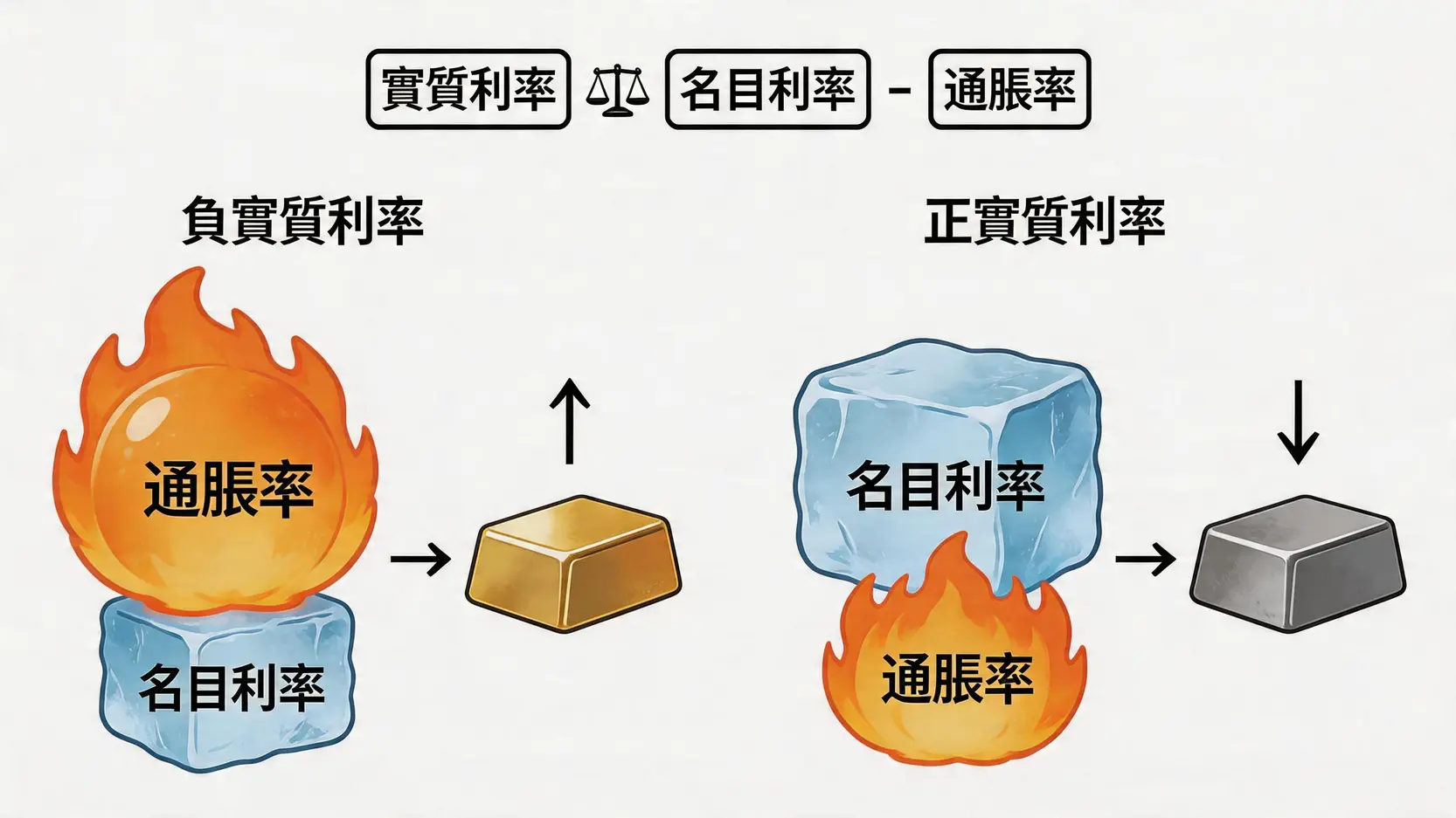 黃金走勢圖30年深度解析:從歷史事件看懂金價起伏與未來啟示 4 黃金走勢圖30年,金價歷史高點,金融危機與金價關係,美元與黃金走勢,黃金保值原因,黃金投資 實質利率對金價影響的示意圖,解釋了當通脹高於名目利率時,負實質利率會推升金價。