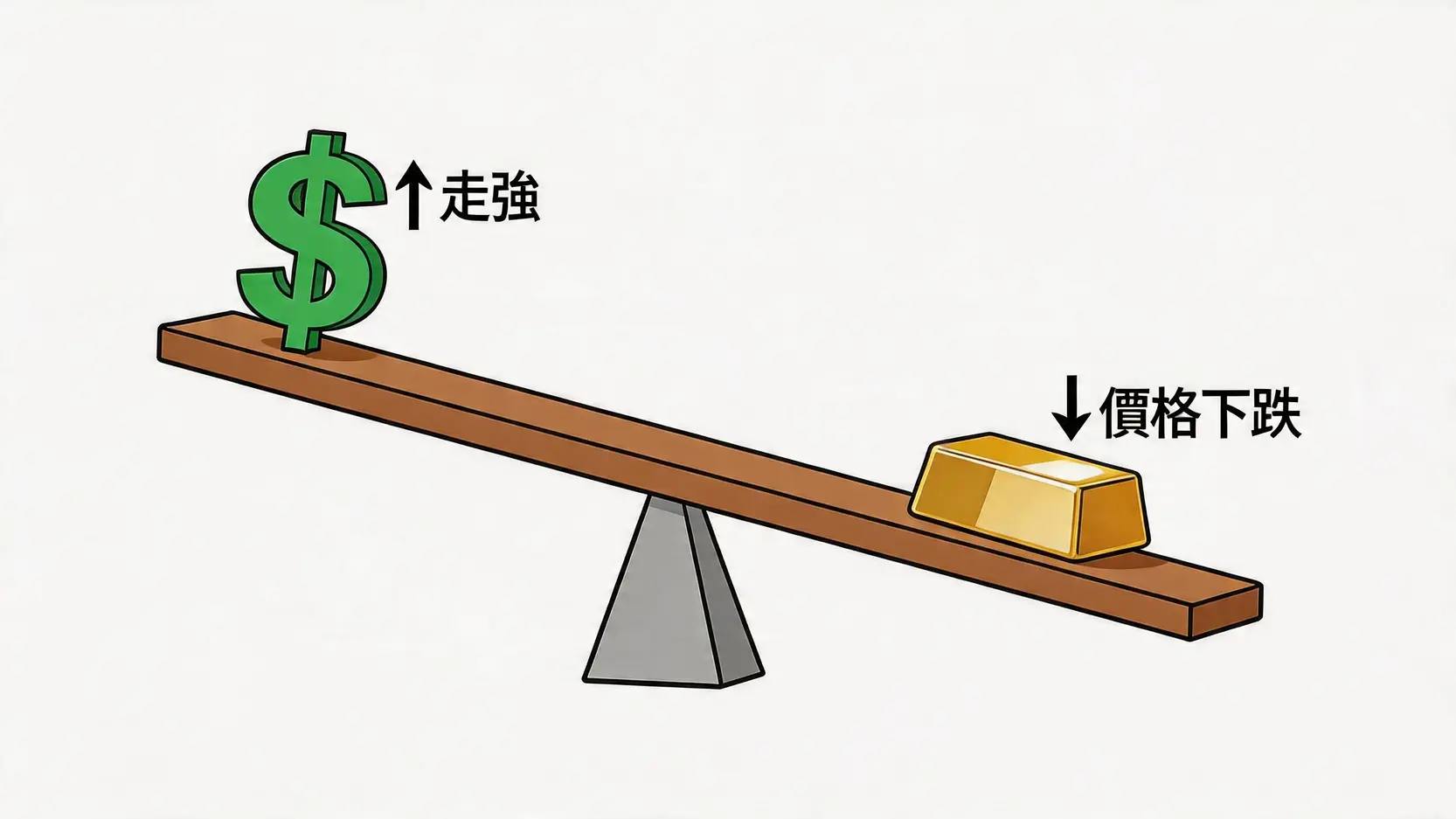 黃金投資新手指南:除了買金條,4種高效率黃金投資方式 3 黃金投資,國際金價,黃金存摺,黃金ETF,買黃金保值,影響金價的因素 美元與黃金價格的蹺蹺板效應示意圖,顯示美元走強時金價下跌。