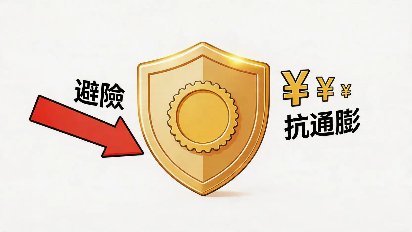 黃金投資新手指南:除了買金條,4種高效率黃金投資方式 2 黃金投資,國際金價,黃金存摺,黃金ETF,買黃金保值,影響金價的因素 黃金作為避險和抗通膨資產的示意圖,如同一面盾牌抵禦市場風險。