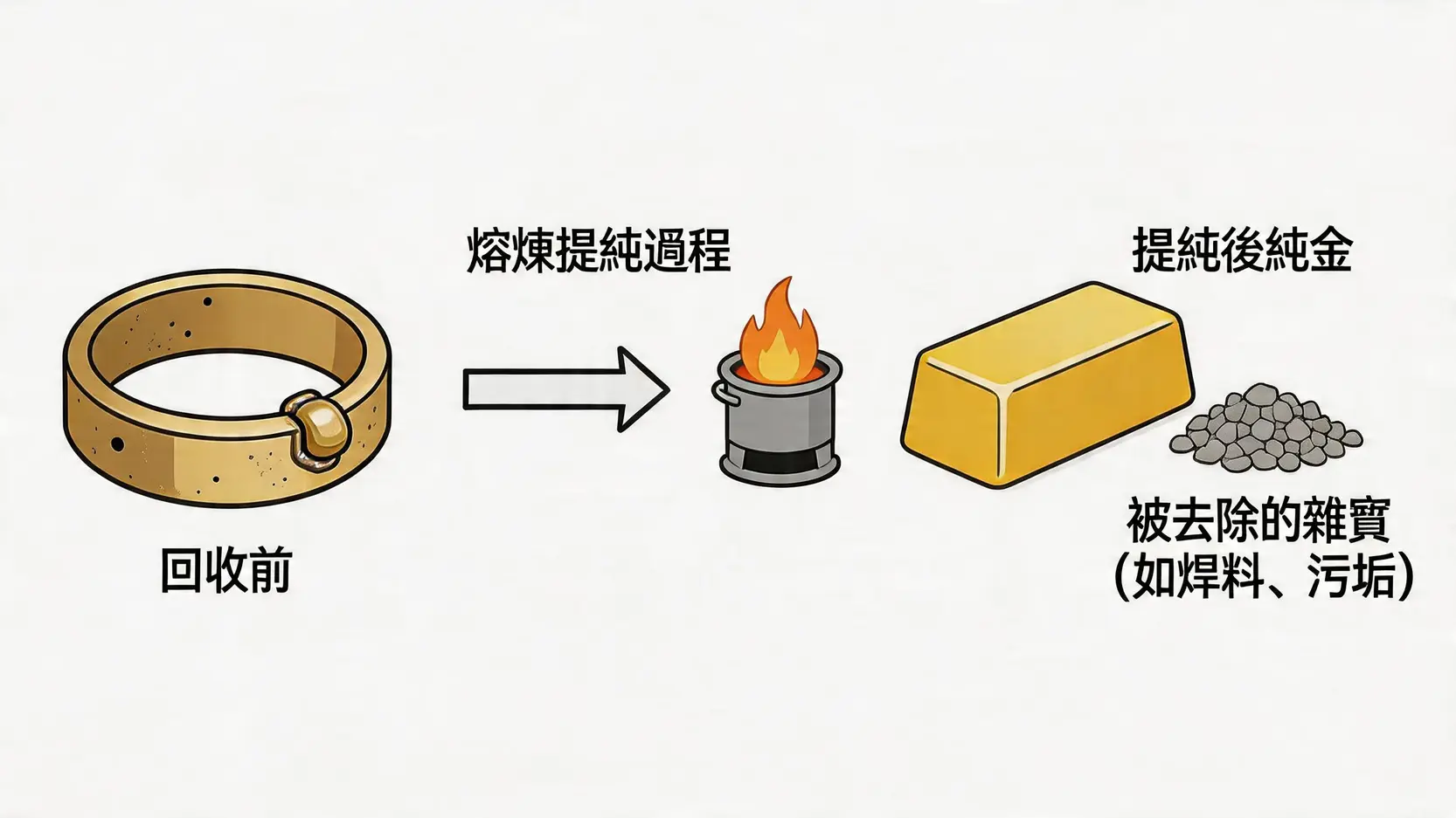 黃金回收指南:銀樓賣金價錢最好?拆解扣重計算、流程與注意事項 4 黃金回收,金價,銀樓,黃金回收價格查詢,賣金飾注意事項,黃金回收扣重 黃金回收扣重原理示意圖,顯示舊金飾經過熔煉提純後分離出純金和雜質的過程。