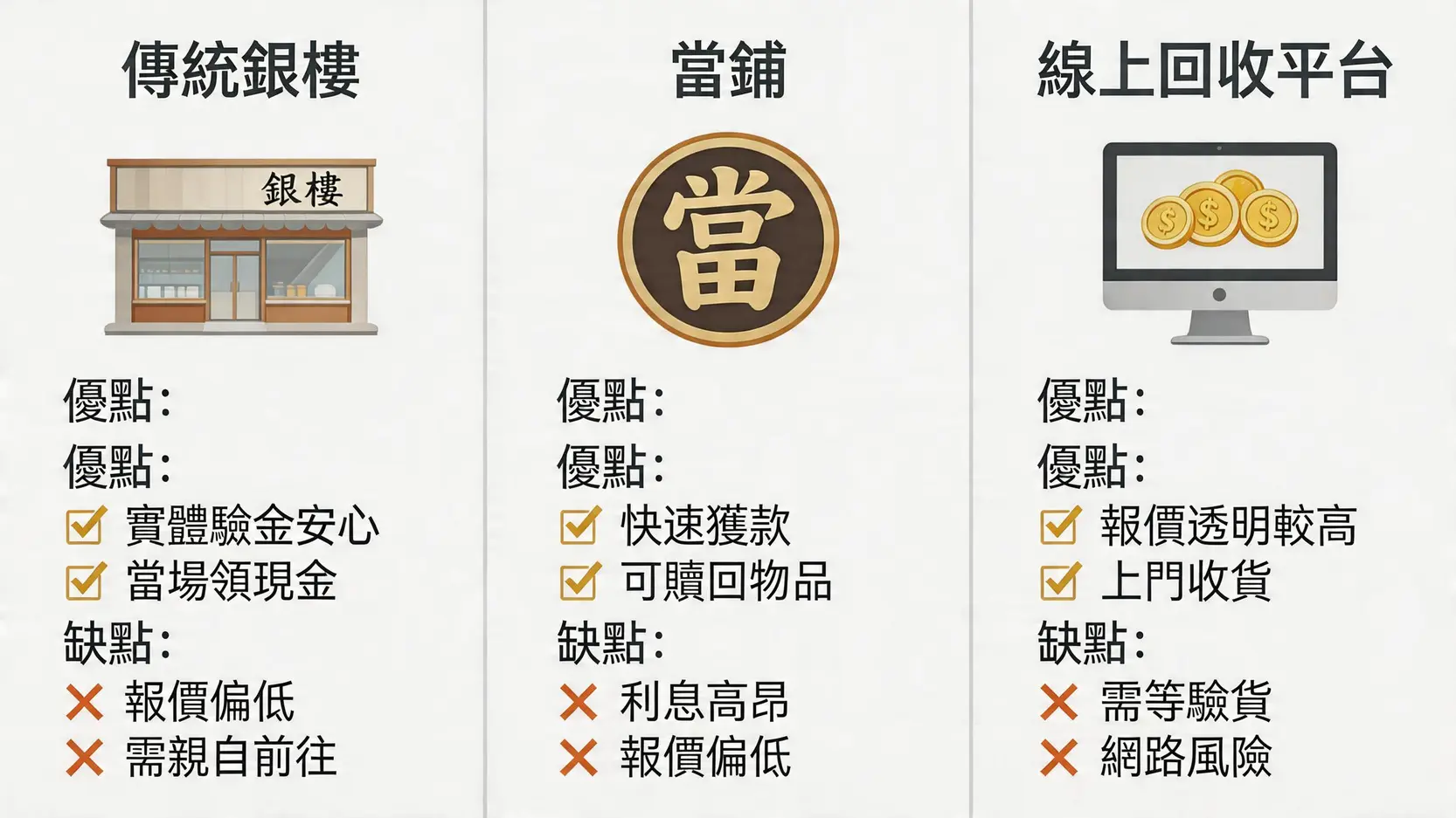 黃金回收指南:銀樓賣金價錢最好?拆解扣重計算、流程與注意事項 2 黃金回收,金價,銀樓,黃金回收價格查詢,賣金飾注意事項,黃金回收扣重 三大黃金回收管道優缺點對比圖,包含傳統銀樓、當鋪與線上回收平台。