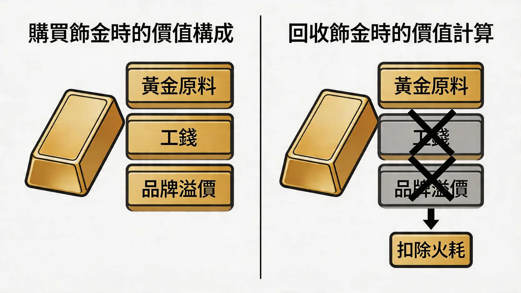 金價查詢每日更新:今日金價一錢多少?金行飾金/金條回收價全覽 3 金價,今日金價查詢,國際金價,黃金價格一錢,飾金牌價,黃金回收價,金價走勢圖 對比圖顯示飾金在購買時與回收時的價值構成差異,突顯工錢和火耗對回收價格的影響。