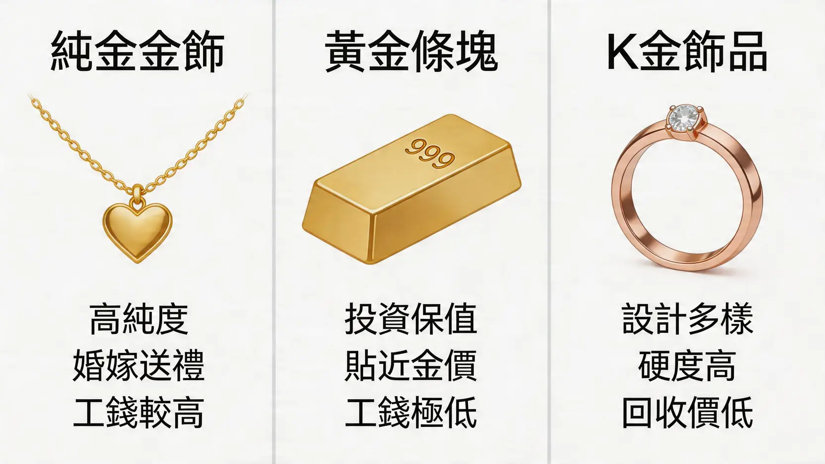 銀樓買黃金全攻略:新手必看7大注意事項,計價、工錢、保單一篇搞懂 2 銀樓,銀樓買黃金,金價,黃金價格一錢,銀樓工錢,買金飾怎麼算,黃金保單 純金金飾、黃金條塊與K金飾品在用途、工錢與保值性上的比較圖表。
