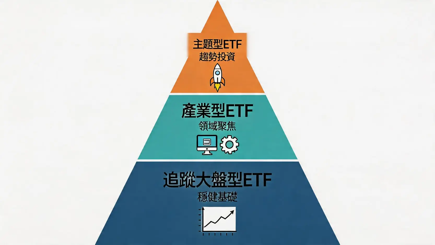 美股ETF選擇終極指南:5步建立你的被動收入組合(含熱門ETF推薦) 3 美股ETF選擇,美股ETF推薦,美股ETF比較,大盤指數ETF,新手投資美股,被動收入 三大美股ETF類型金字塔圖,從底層的追蹤大盤型ETF,到中層的產業型ETF,再到頂層的主題型ETF。