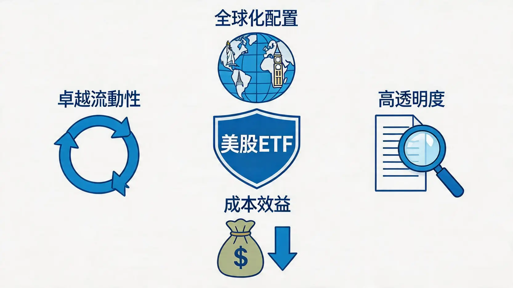美股ETF選擇終極指南:5步建立你的被動收入組合(含熱門ETF推薦) 2 美股ETF選擇,美股ETF推薦,美股ETF比較,大盤指數ETF,新手投資美股,被動收入 美股ETF的四大核心優勢圖解,包括全球化配置、高透明度、成本效益和卓越流動性。
