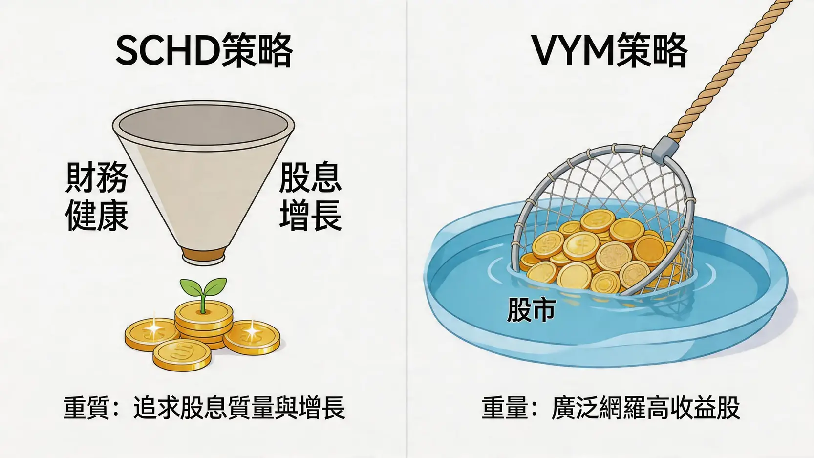 美股ETF比較:VOO、VTI、QQQ點揀?10檔熱門ETF績效費用全攻略 4 美股ETF比較,美股ETF推薦,美股ETF選擇,VOOVSVTI,QQQVSVUG,高股息ETF 高股息ETF SCHD與VYM的策略對比圖,SCHD重視股息質量,VYM重視股息數量。