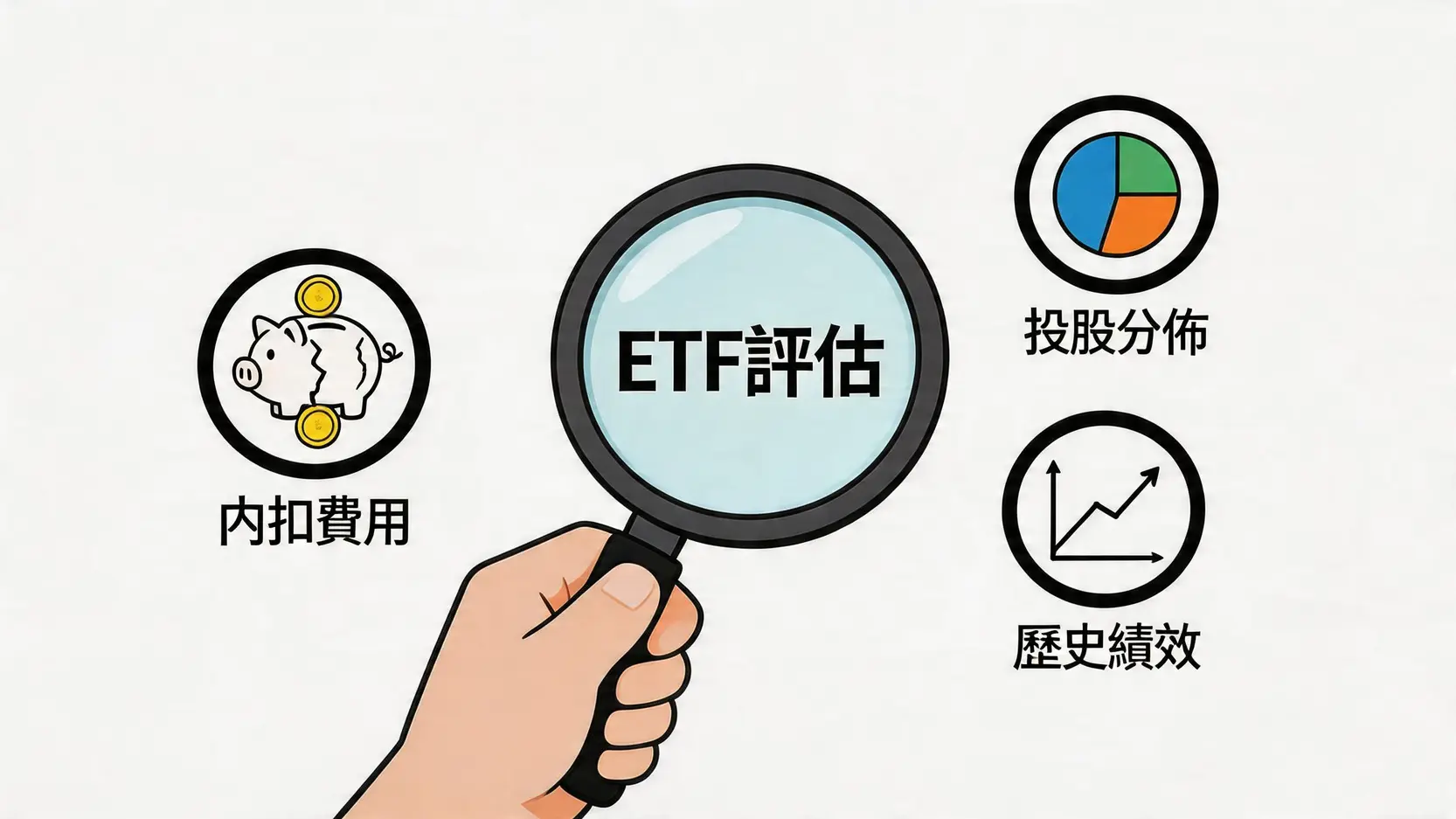 美股ETF比較:VOO、VTI、QQQ點揀?10檔熱門ETF績效費用全攻略 2 美股ETF比較,美股ETF推薦,美股ETF選擇,VOOVSVTI,QQQVSVUG,高股息ETF 評估美股ETF的三大核心指標示意圖,包含內扣費用、持股分佈與歷史績效。