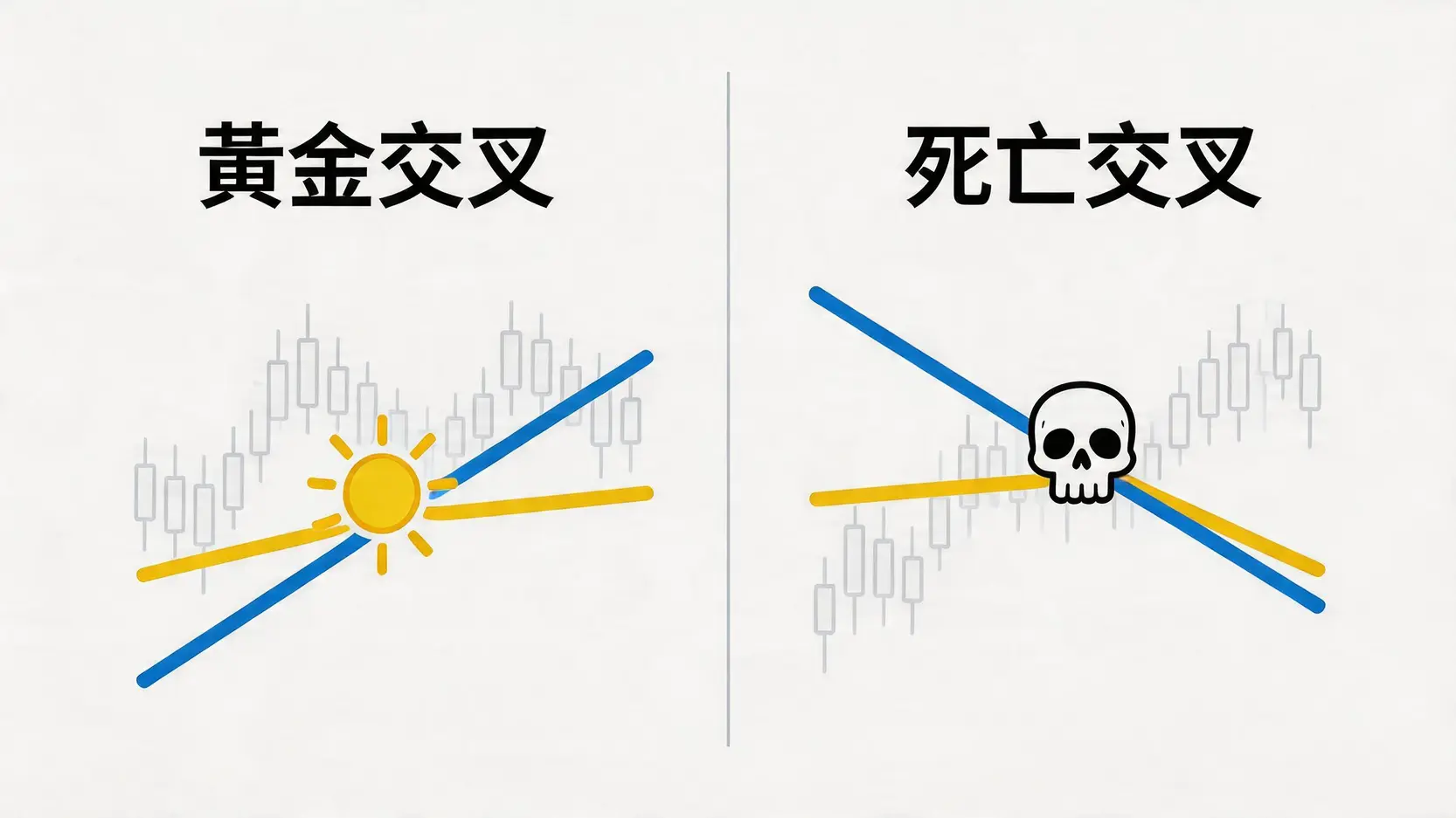 黃金走勢圖教學:新手必學K線、均線、RSI技術分析入門 3 黃金走勢,金價走勢圖,黃金K線圖教學,移動平均線怎麼看,RSI指標黃金,黃金技術分析 黃金交叉與死亡交叉的示意圖,展示短期均線與長期均線的兩種交叉形態及其市場意義。