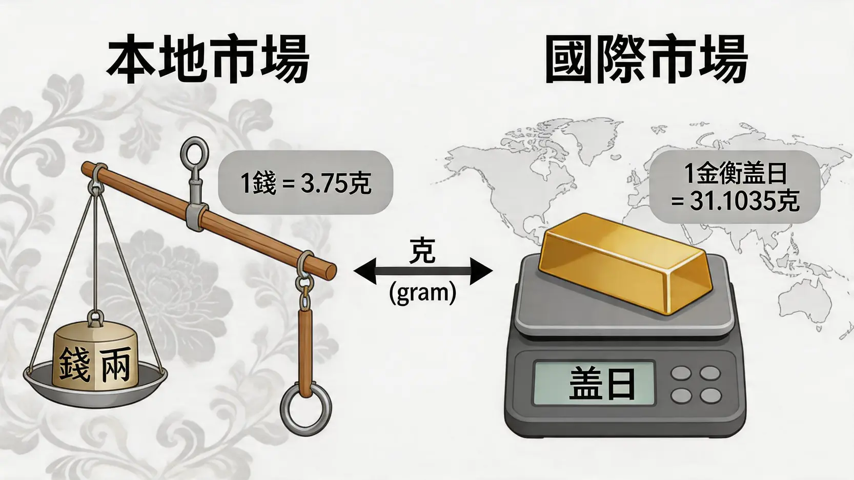 黃金價格一錢幾多錢?兩、錢、分、克、盎司換算教學與金價計算 2 黃金價格一錢,國際金價,黃金單位,一錢幾克,一兩幾錢,盎司換算公克 一张图表对比香港本地黄金单位(錢、兩)和國際通用單位(金衡盎司),並展示它們與克的核心換算關係。