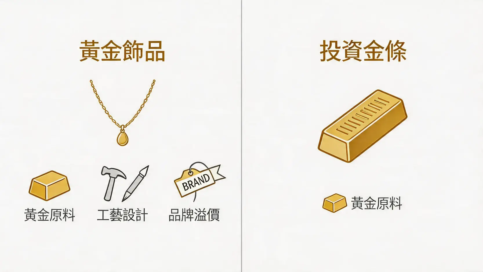 黃金投資入門全攻略:新手必睇5大管道比較,輕鬆看懂國際金價 3 黃金投資,國際金價,買黃金保值,小額投資黃金,黃金投資風險,黃金怎麼買 一張對比圖,解釋黃金飾品與投資金條的成本構成差異,顯示金飾包含額外的工藝和品牌費用。