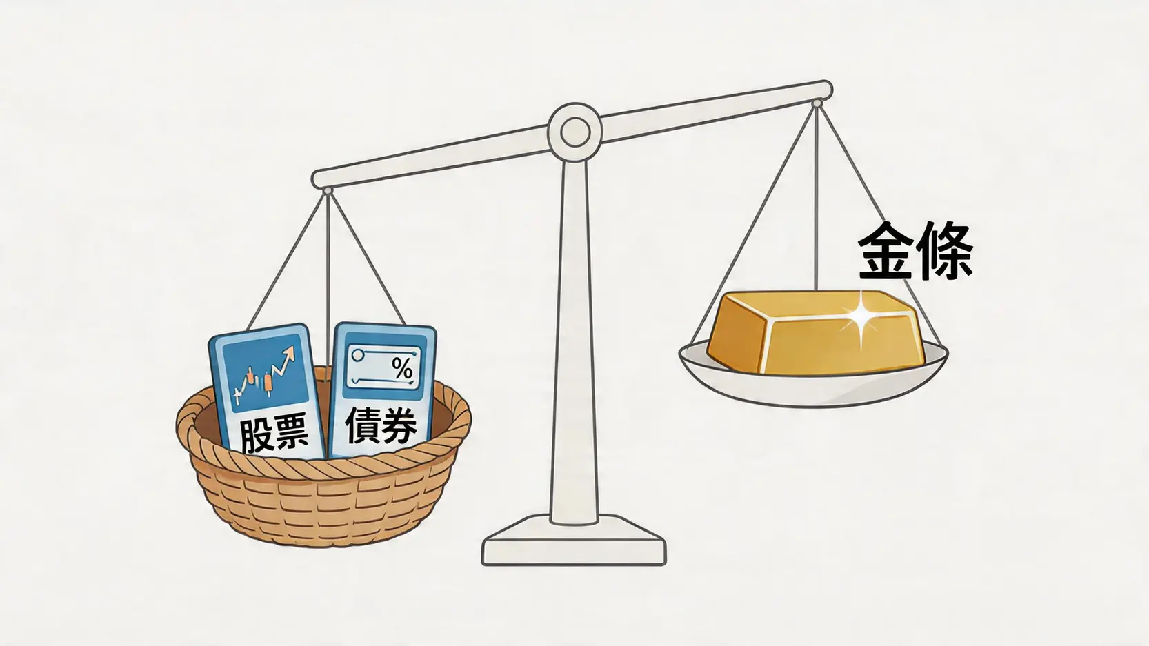 黃金投資入門全攻略:新手必睇5大管道比較,輕鬆看懂國際金價 2 黃金投資,國際金價,買黃金保值,小額投資黃金,黃金投資風險,黃金怎麼買 一張示意圖,顯示金條在投資組合中扮演穩定器角色,平衡了股票和債券的風險。