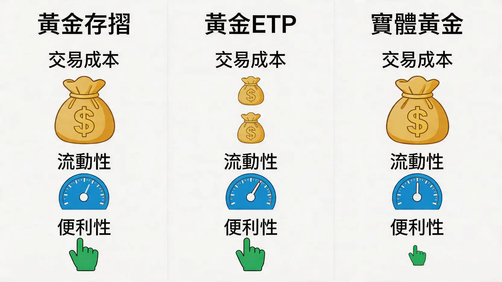 黃金存摺、黃金ETF、實體黃金哪個好?成本風險全方位比較 3 黃金存摺,黃金ETF,實體黃金,投資黃金哪個好,黃金存摺手續費,黃金ETF有哪些,買金條注意事項 黃金存摺、黃金ETF與實體黃金在交易成本、流動性及便利性方面的視覺化對比圖。