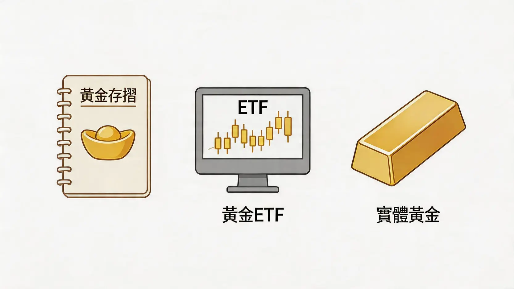 黃金存摺、黃金ETF、實體黃金哪個好?成本風險全方位比較 2 黃金存摺,黃金ETF,實體黃金,投資黃金哪個好,黃金存摺手續費,黃金ETF有哪些,買金條注意事項 三種黃金投資工具的概念圖:黃金存摺、黃金ETF與實體黃金。