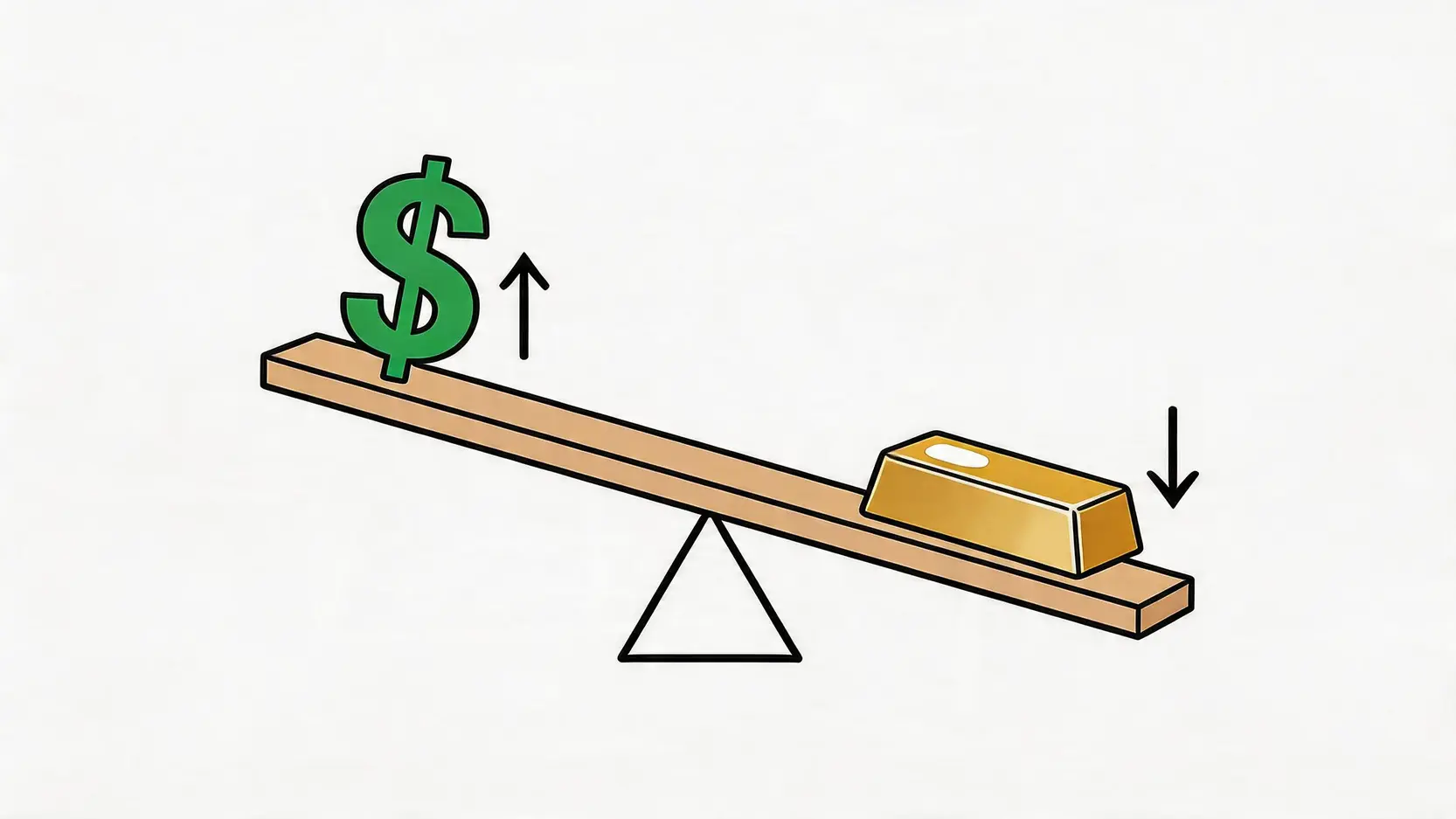 金價走勢解密:7大影響國際金價因素,美元、利率、通脹全解析 2 金價走勢,國際金價,影響金價因素,美元與黃金關係,升息對金價影響,黃金價格,金價預測 一張示意圖,描繪了美元和黃金的蹺蹺板關係,美元符號上升時,金條下降,象徵美元走強金價下跌。